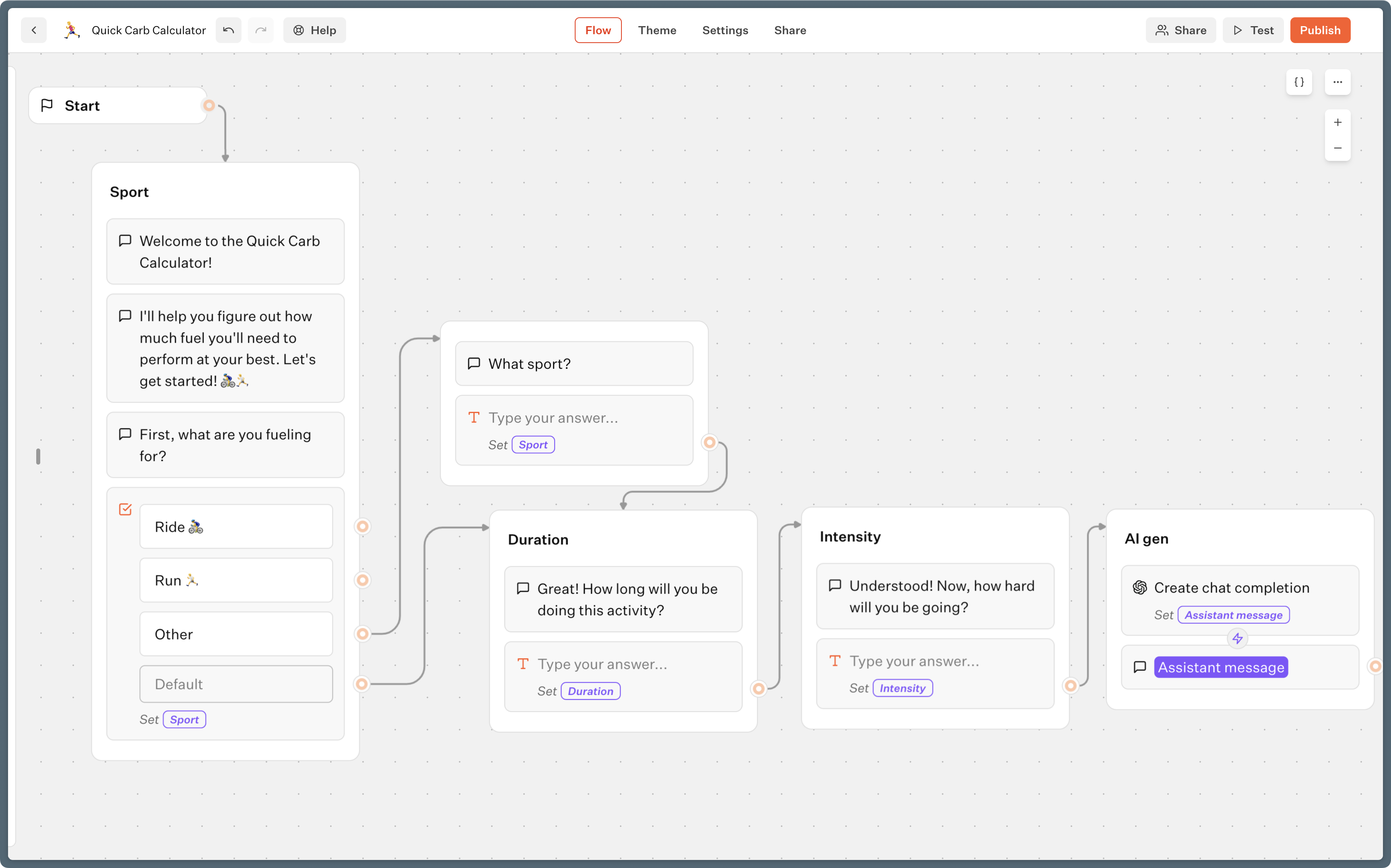 An example of a marketing bot being built in Typebot