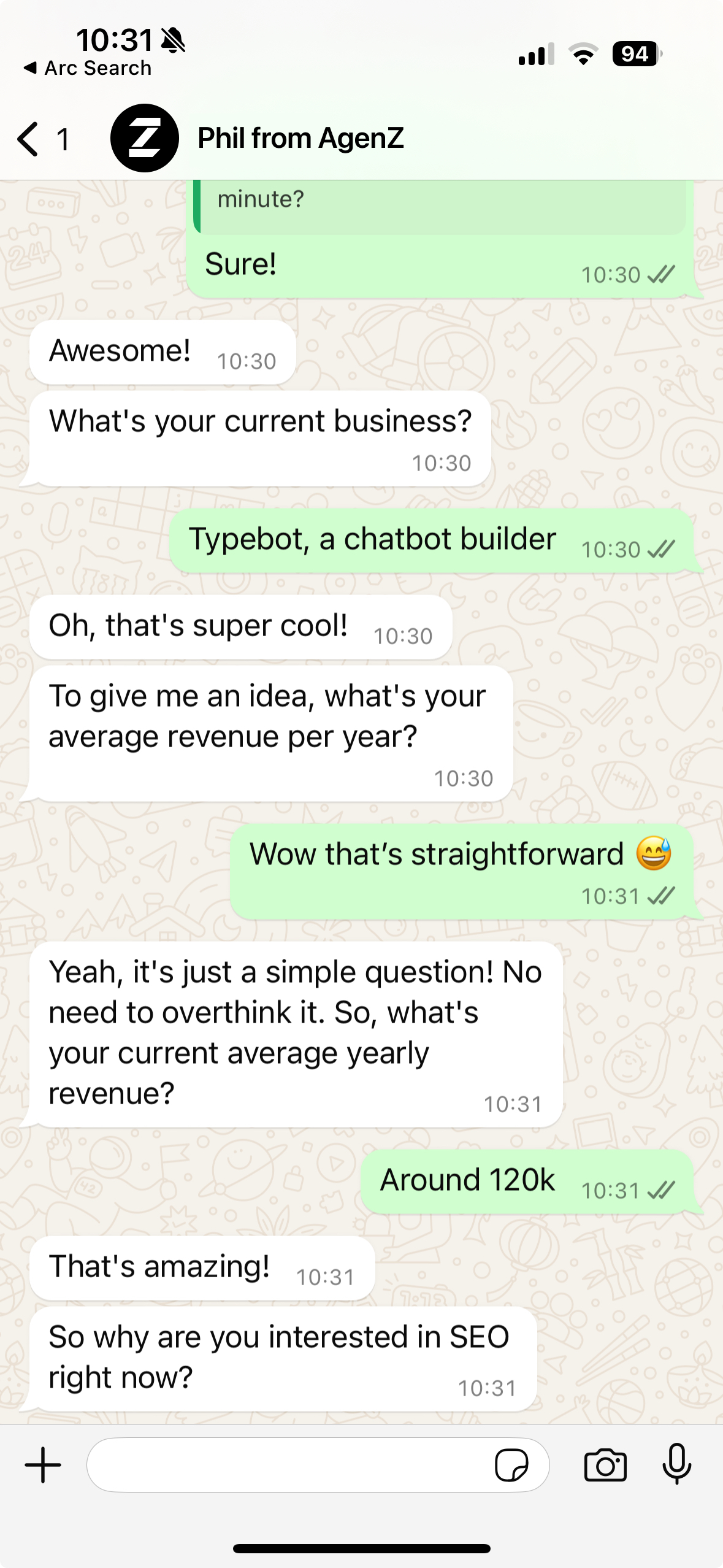 A WhatsApp screenshot of a automated sales bot