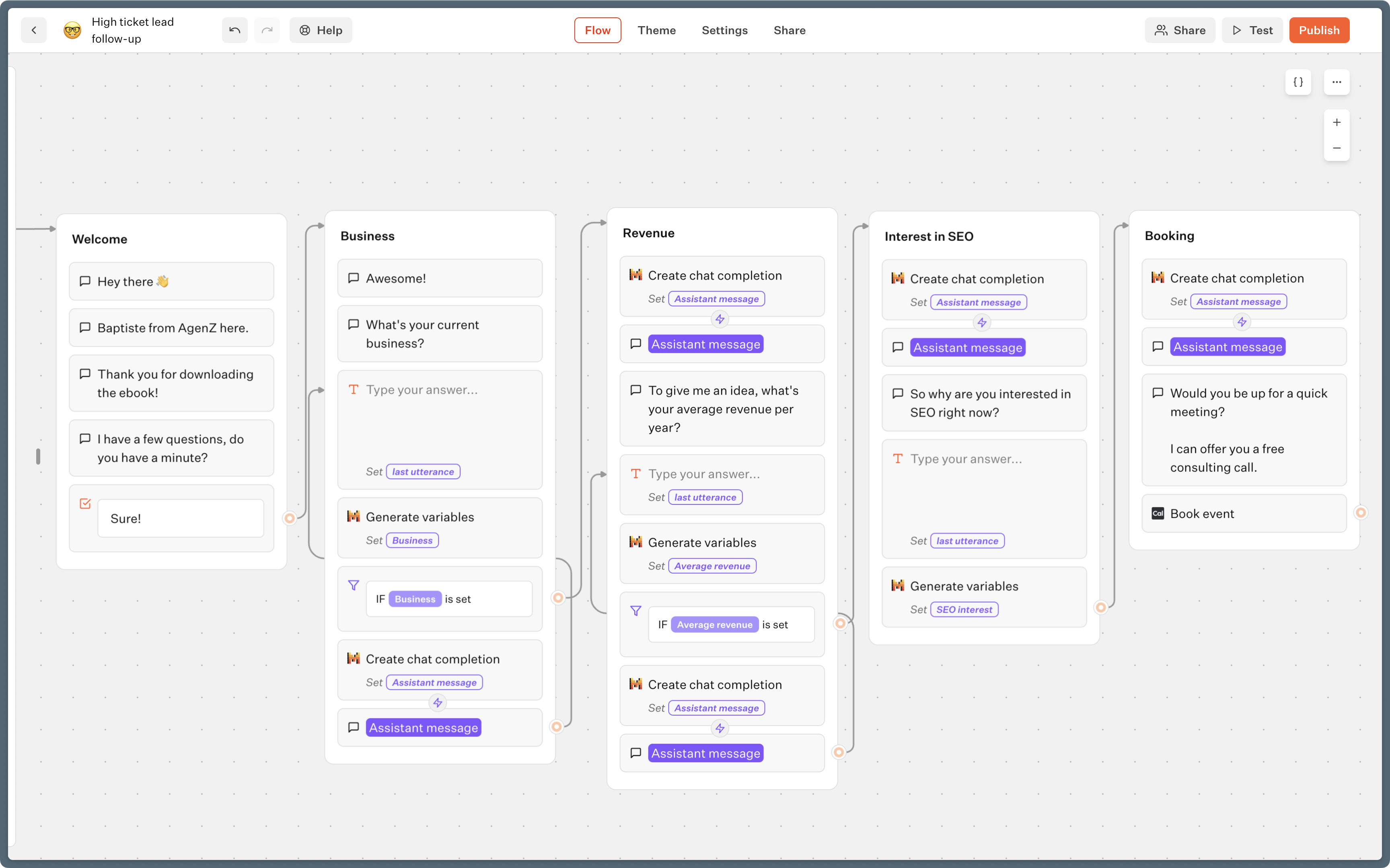 An example of a sales bot being built in Typebot