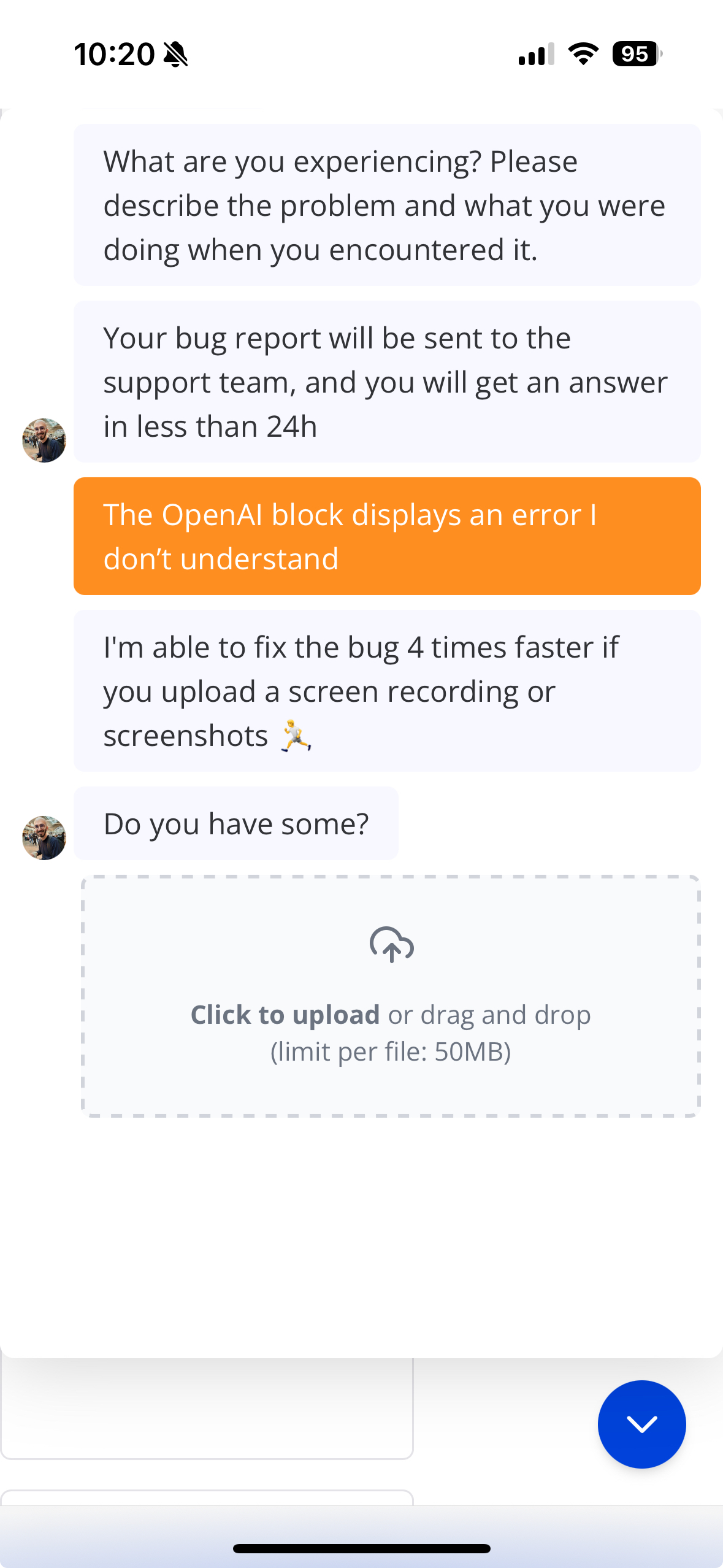 A web widget screenshot of a support bot