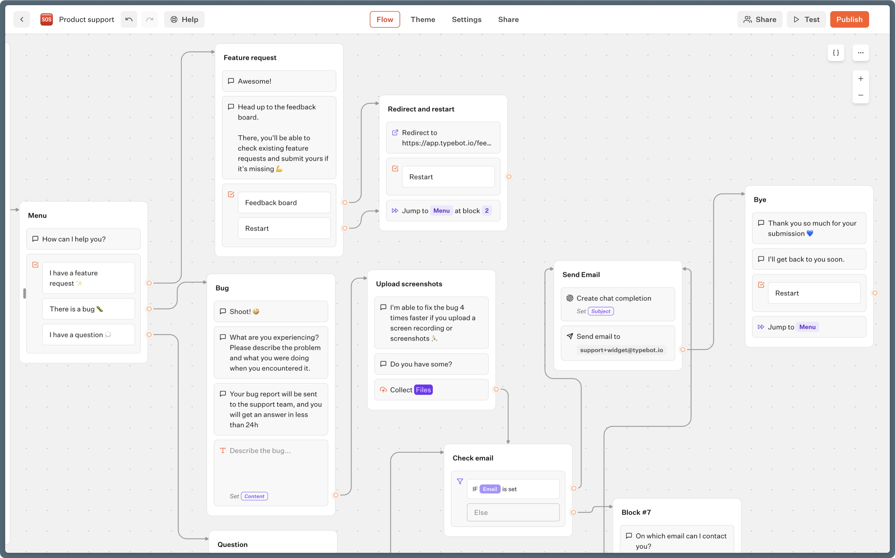 An example of a support bot being built in Typebot