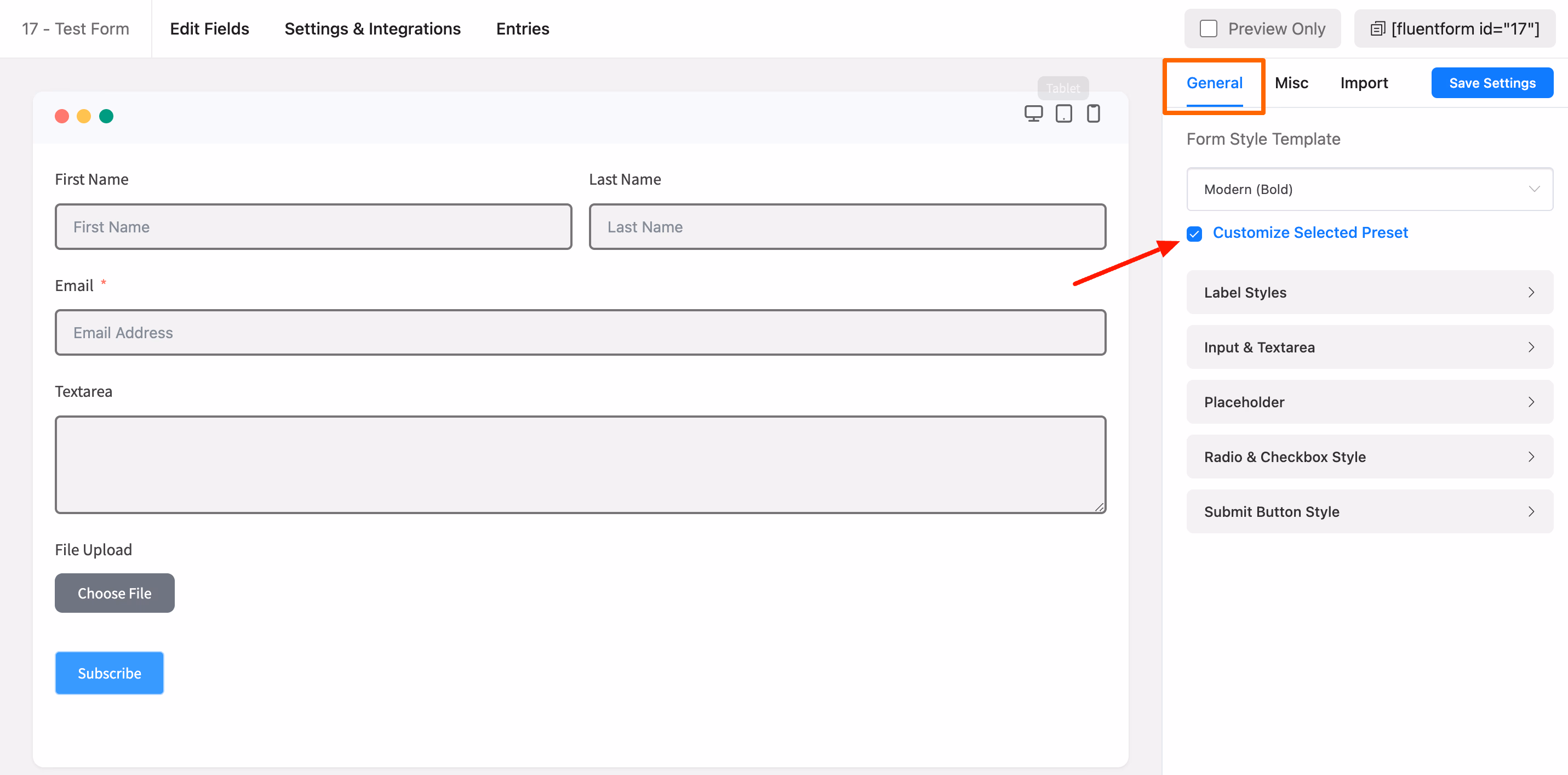Form General Settings Panel