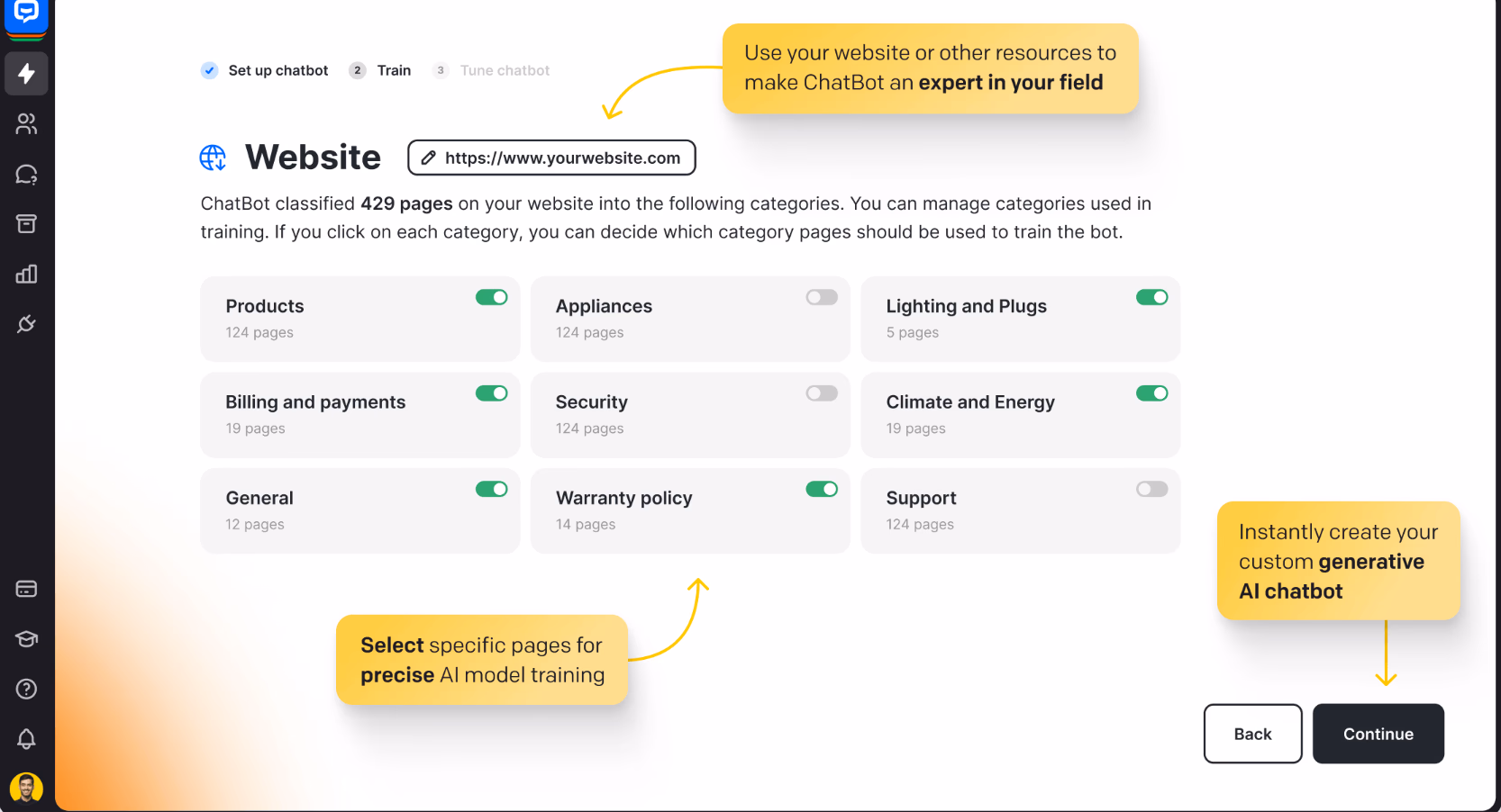 chatbot website settings screen