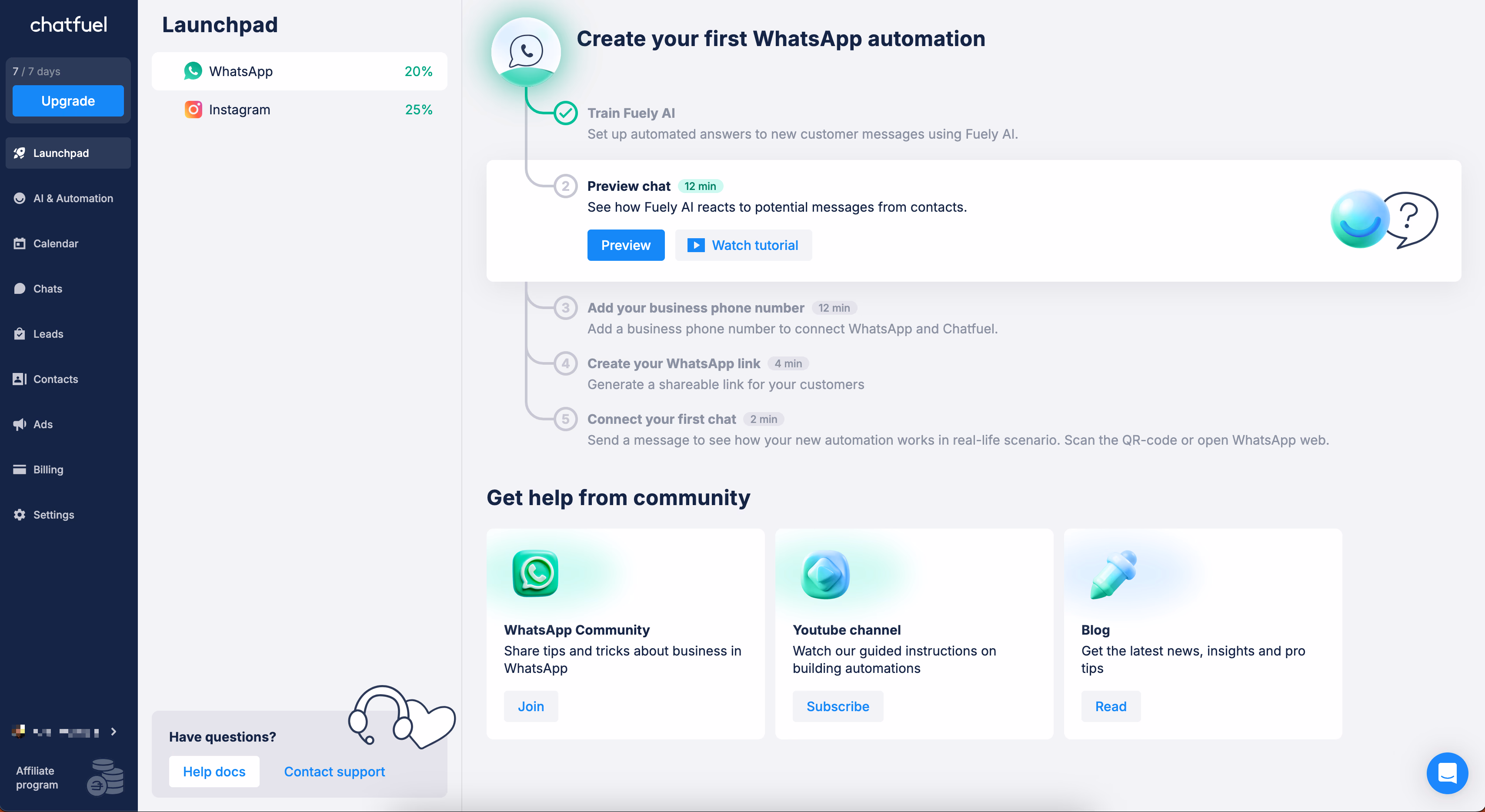 Chatfuel Launchpad Interface Screen
