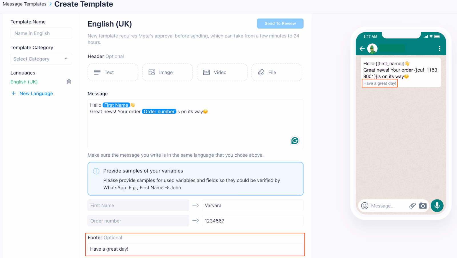 Create Message Template Screen