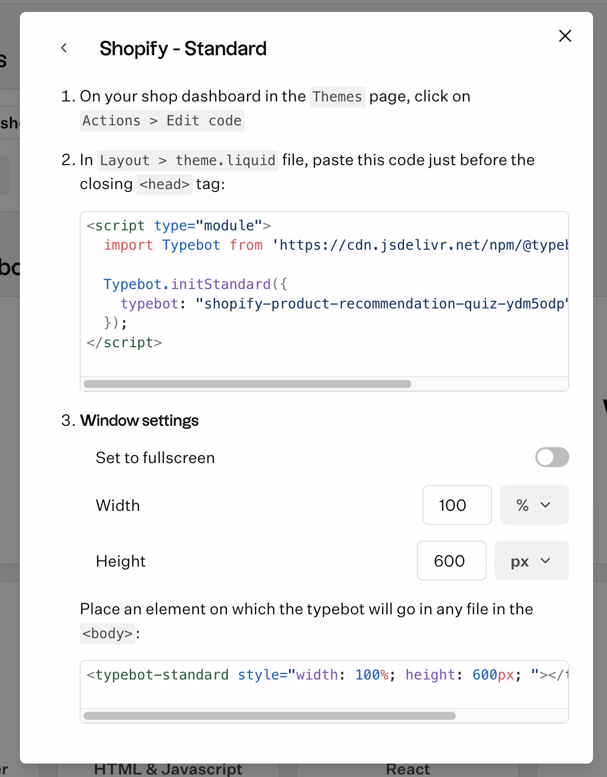shopify standard instructions code