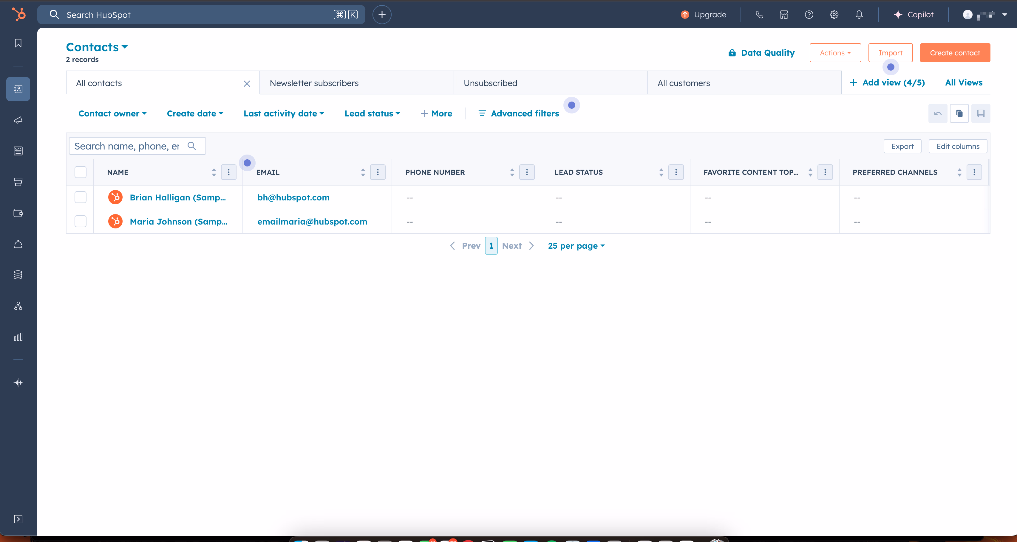 Hubspot Contacts List View