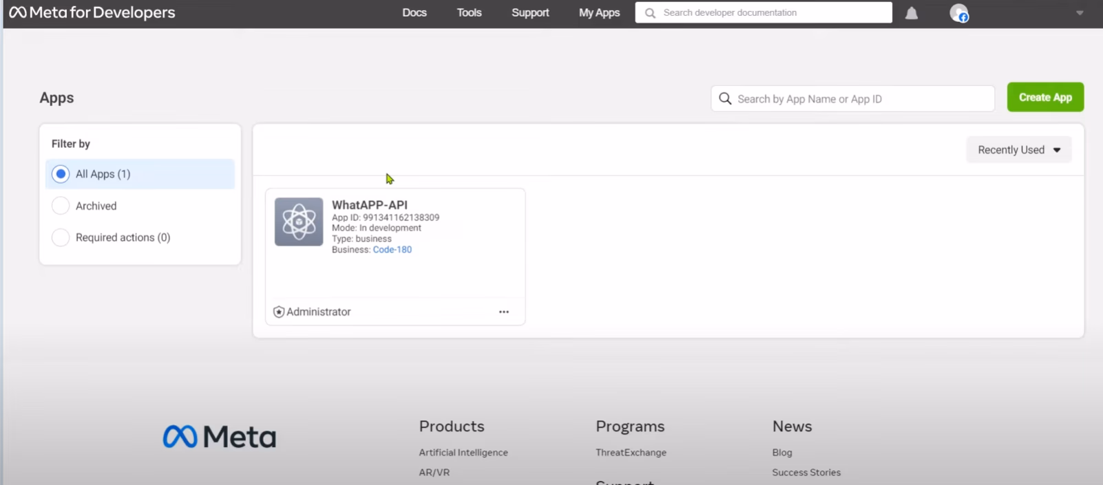 meta for developers apps page